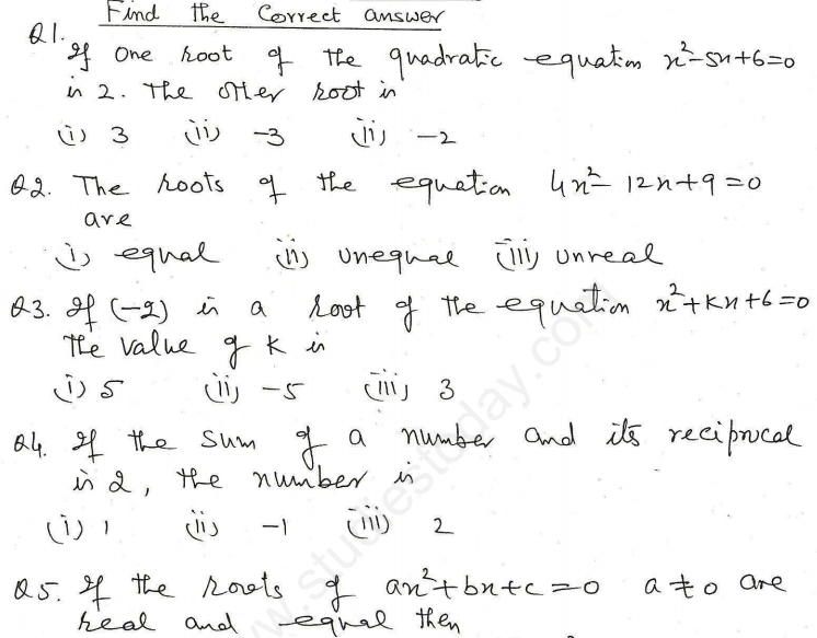 CBSE Class 10 Mathematics Quadratic Equations MCQs Assignment Set L