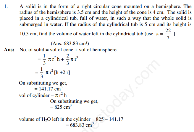 CBSE Class 10 Mathematics Surface Area and Volume Assignment Set C