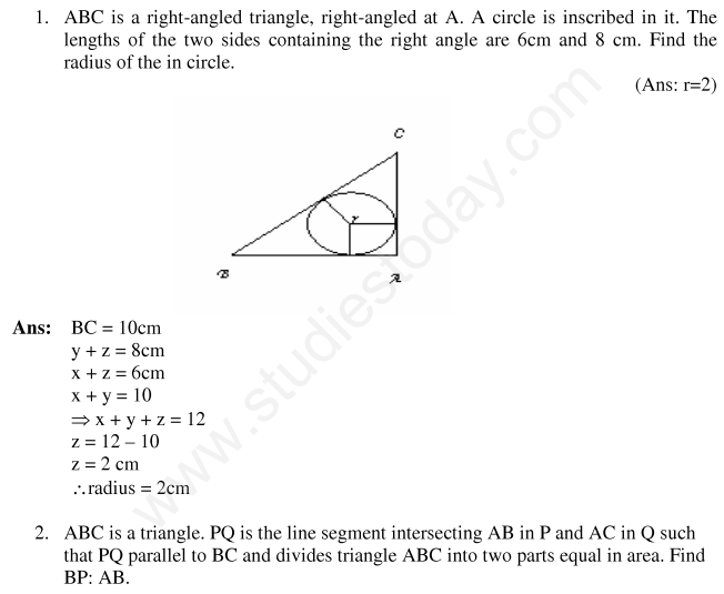 CBSE Class 10 Mathematics Triangles Assignment Set C