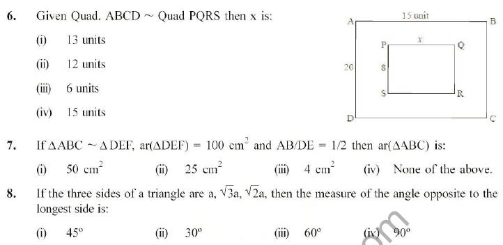 CBSE Class 10 Mathematics Triangles MCQs Set C-