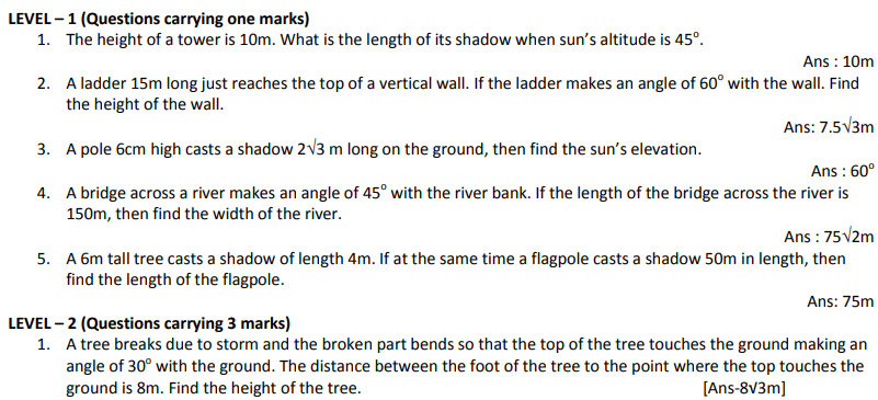 CBSE Class 10 Mathematics Trigonometry Assignment Set C