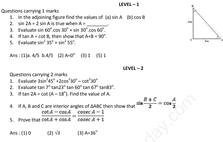 CBSE Class 10 Mathematics Trigonometry Assignment Set D