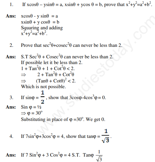 CBSE Class 10 Mathematics Trigonometry Assignment Set E