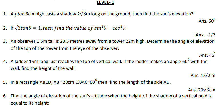 CBSE Class 10 Mathematics Trigonometry Assignment Set G