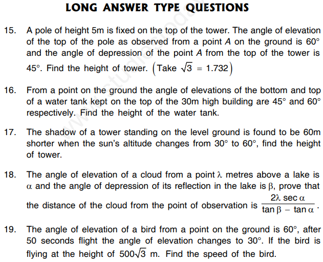 CBSE Class 10 Mathematics Trigonometry Assignment Set H