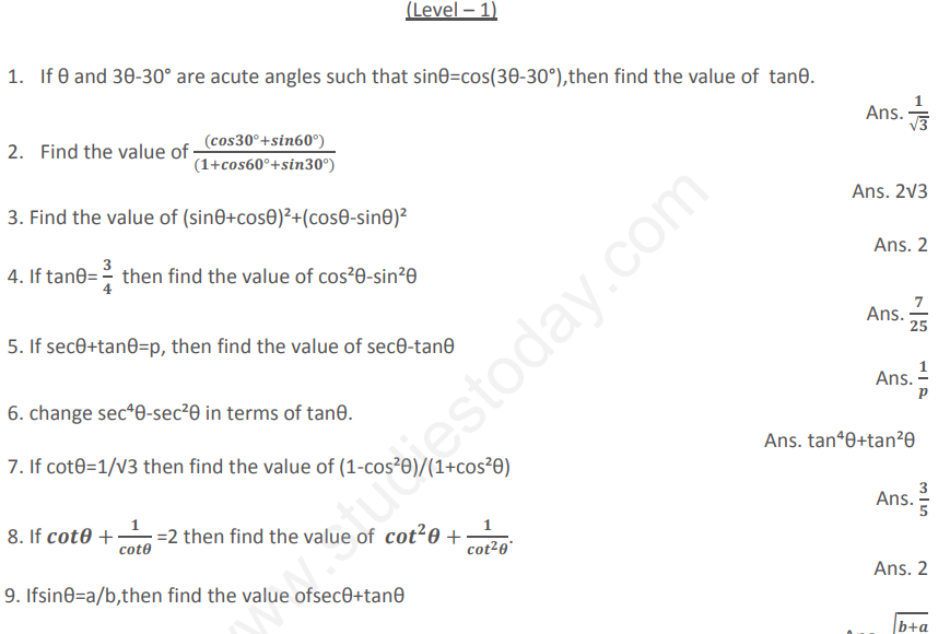 CBSE Class 10 Mathematics Trigonometry Assignment Set J