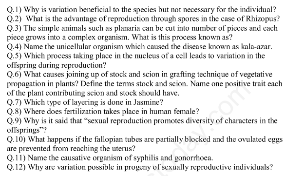 CBSE Class 10 Science Biology How do Organisms Reproduce Assignment