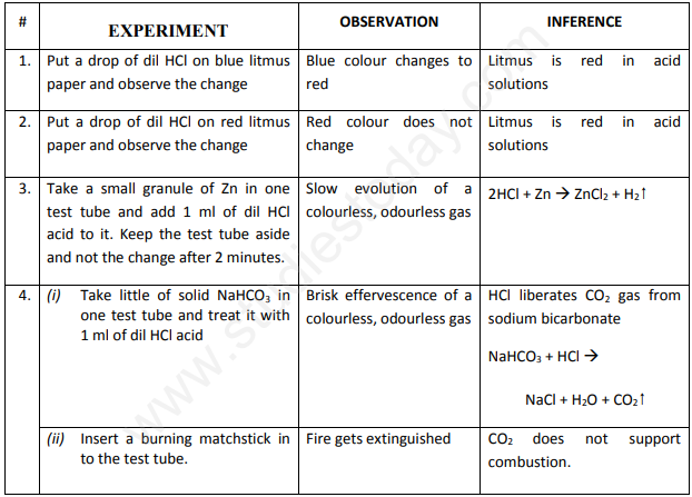 CBSE Class 10 Science Chemistry Study of properties of HCI Acid and NaOH Assignment