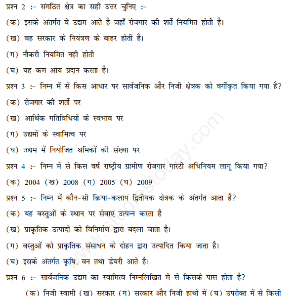 CBSE Class 10 Social Science Economics Sectors of the Indian Economy Hindi Assignment