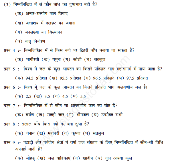 CBSE Class 10 Social Science Geography Water Resources Hindi Assignment