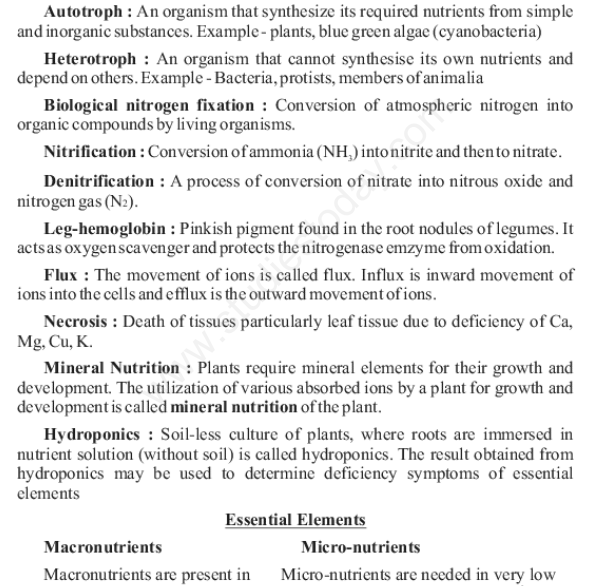 CBSE Class 11 Biology Mineral Nutrition Concepts