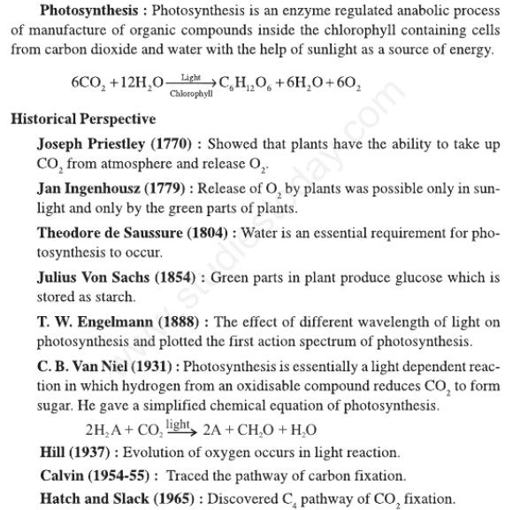 CBSE Class 11 Biology Photosynthesis in Higher Plants Concepts