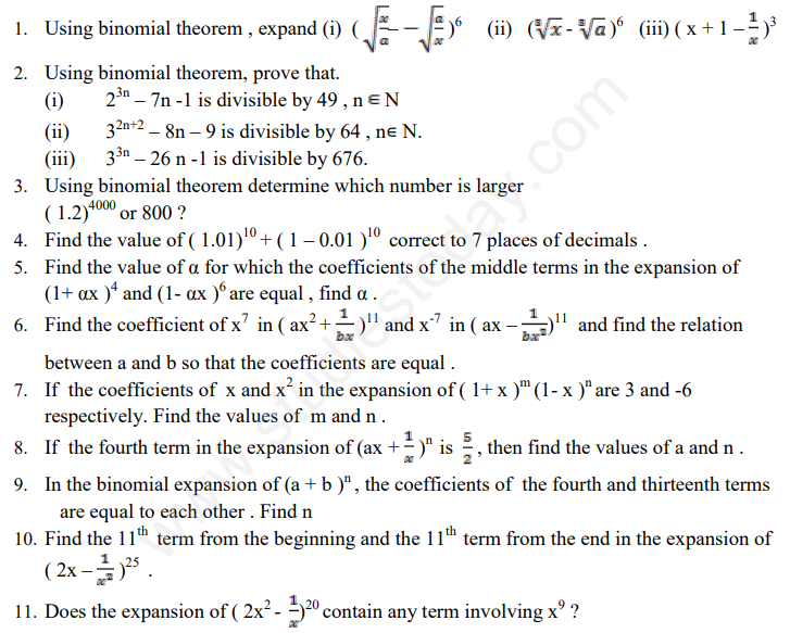 CBSE Class 11 Mathematics Binomial Theorem Assignment Set A
