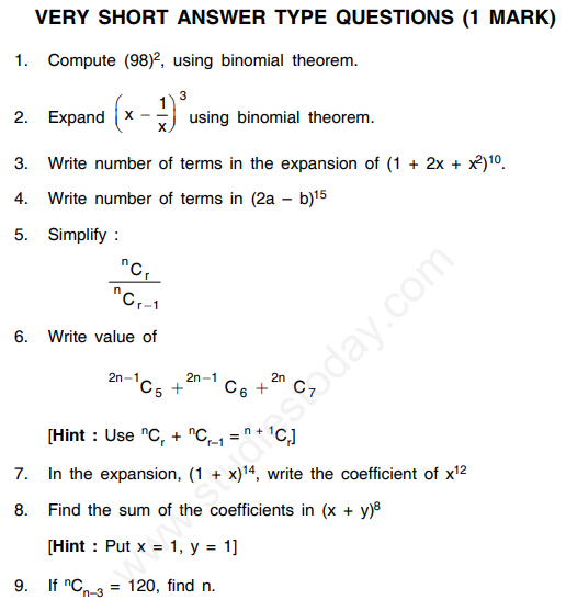 CBSE Class 11 Mathematics Binomial Theorem Assignment Set C