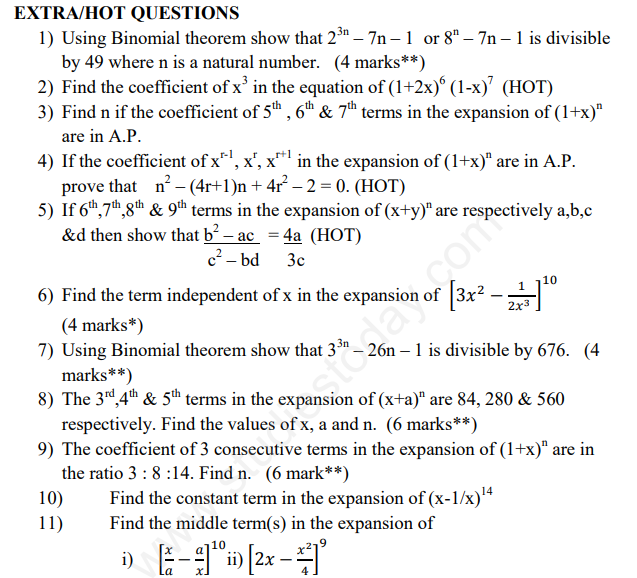 CBSE Class 11 Mathematics Binomial Theorem Assignment Set D