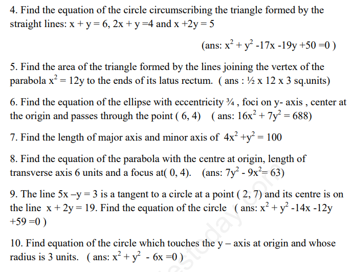 CBSE Class 11 Mathematics Conic Sections Assignment Set B