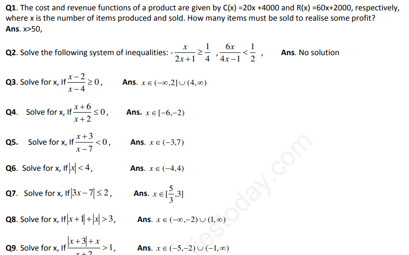 CBSE Class 11 Mathematics Linear Inequalities Assignment Set A