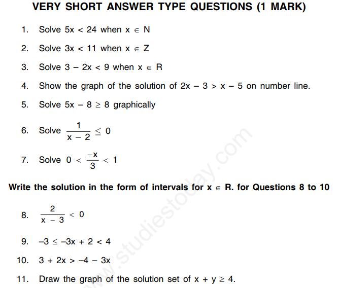 CBSE Class 11 Mathematics Linear Inequalities Assignment Set B