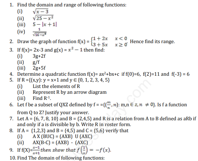 CBSE Class 11 Mathematics Relations and Functions Assignment Set A