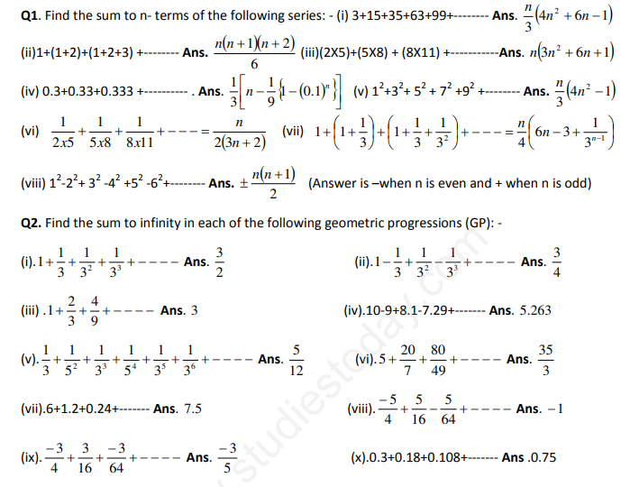 CBSE Class 11 Mathematics Sequences and Series Assignment Set A