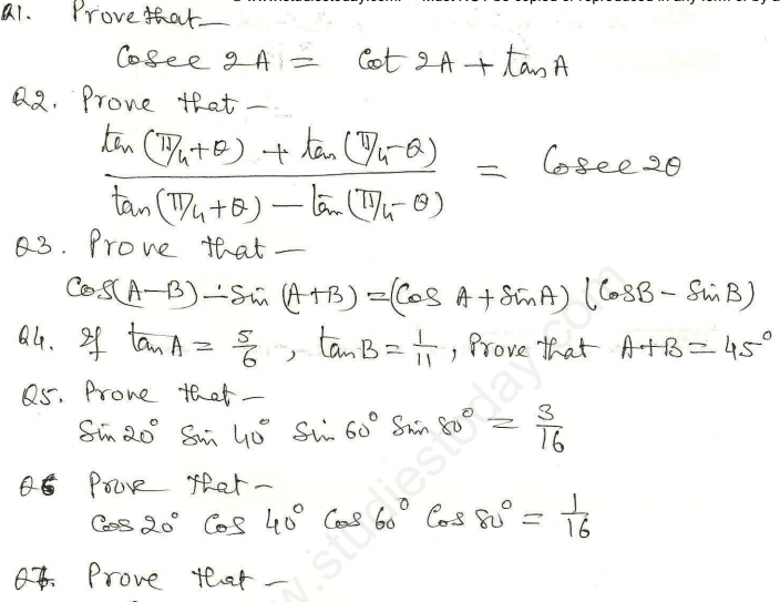 CBSE Class 11 Mathematics Trigonometry Assignment Set H