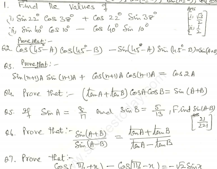 CBSE Class 11 Mathematics Trigonometry Assignment Set J