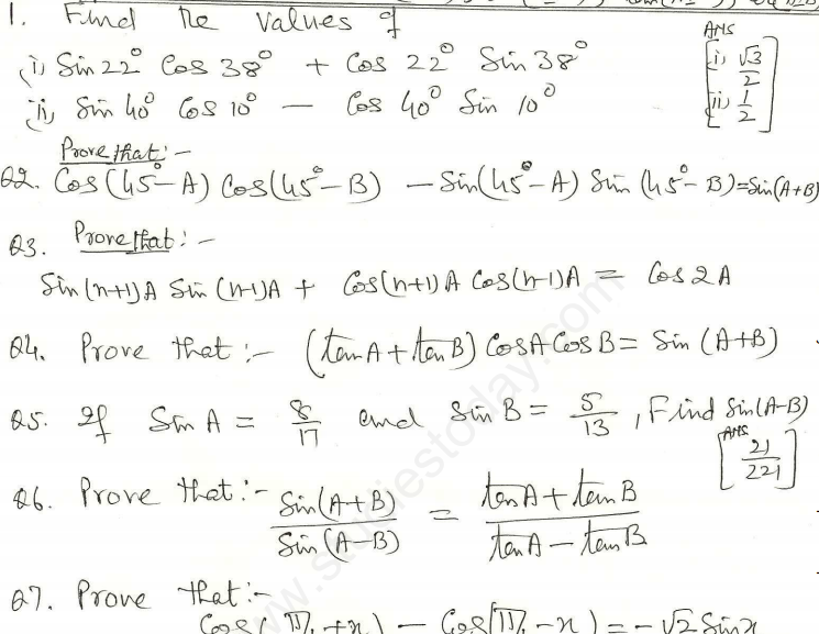 CBSE Class 11 Mathematics Trigonometry Assignment Set K