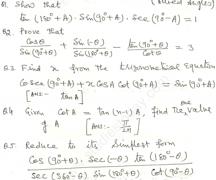 CBSE Class 11 Mathematics Trigonometry Assignment Set L