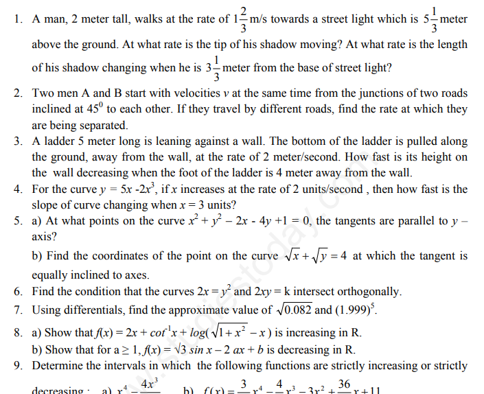 CBSE Class 12 Mathematics Applications Of Derivatives Assignment Set A