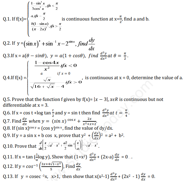 CBSE Class 12 Mathematics Continuity And Differentiability Assignment Set A