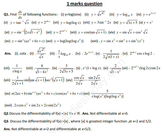 CBSE Class 12 Mathematics Continuity And Differentiability Assignment Set C