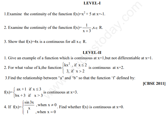 CBSE Class 12 Mathematics Continuity And Differentiability Assignment Set E