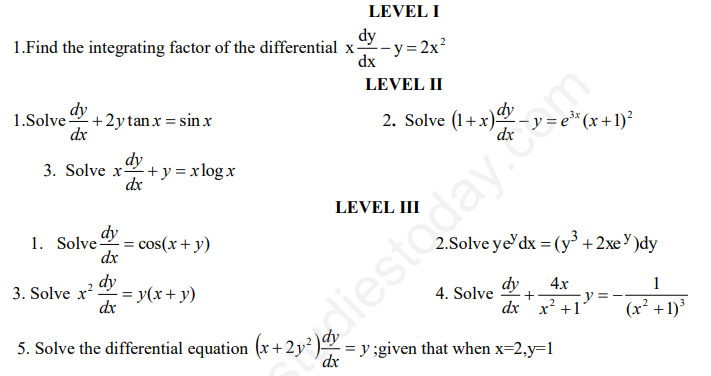 CBSE Class 12 Mathematics Differential Equations Assignment Set E