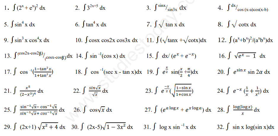 CBSE Class 12 Mathematics Indefinite and Definite Integrals Assignment Set A