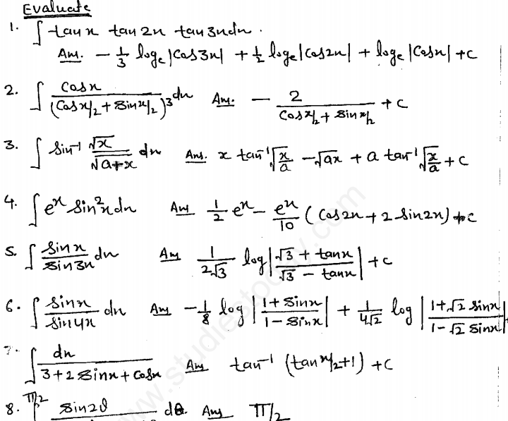 CBSE Class 12 Mathematics Integrals Assignment Set A