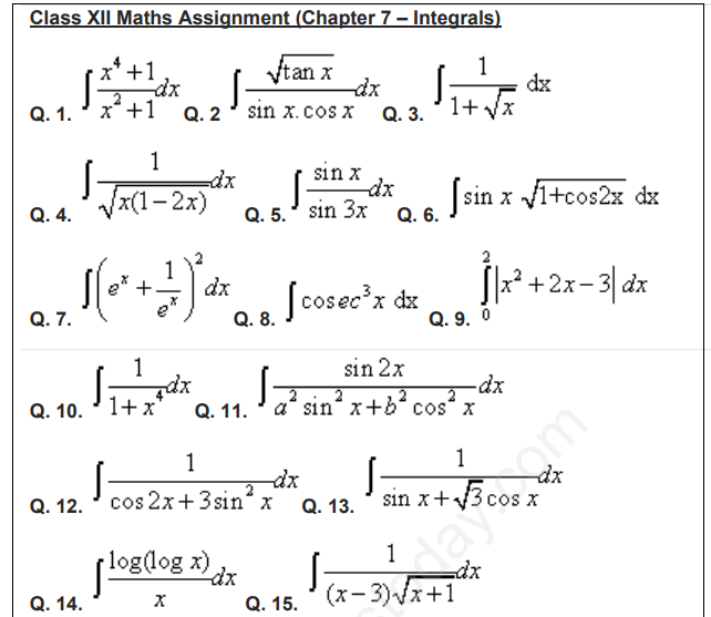 CBSE Class 12 Mathematics Integrals Assignment Set C