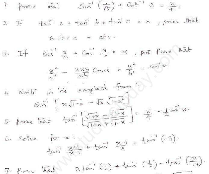 CBSE Class 12 Mathematics Inverse Trigonometric Functions Assignment Set A