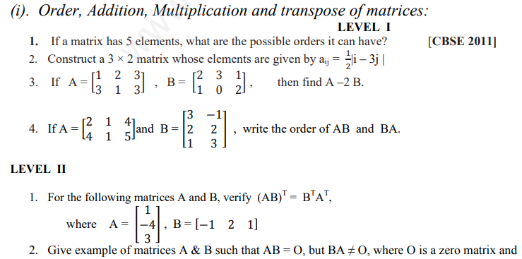 CBSE Class 12 Mathematics Matrices Assignment Set A