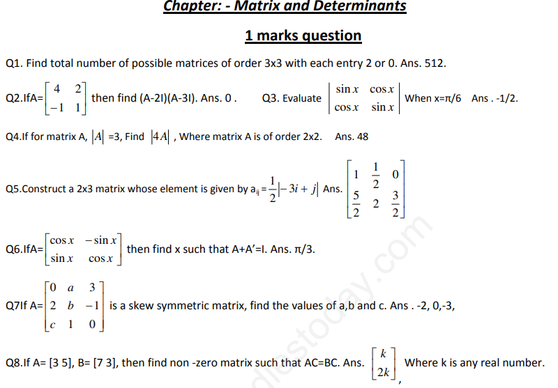 CBSE Class 12 Mathematics Matrices and Determinants Assignment Set A