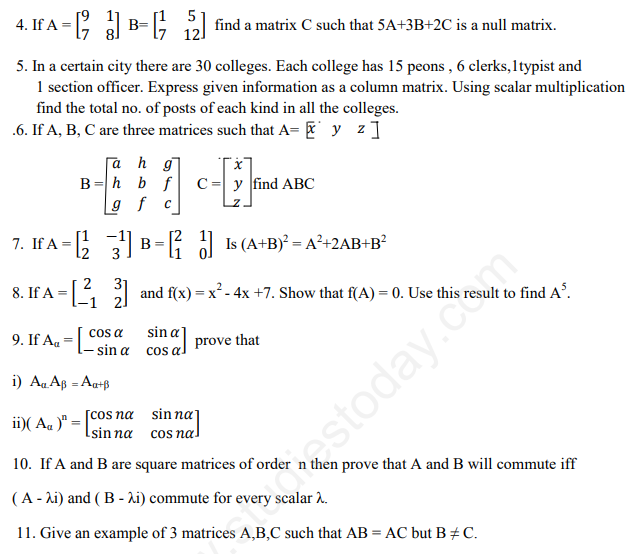 CBSE Class 12 Mathematics Matrices and Determinants Assignment Set C