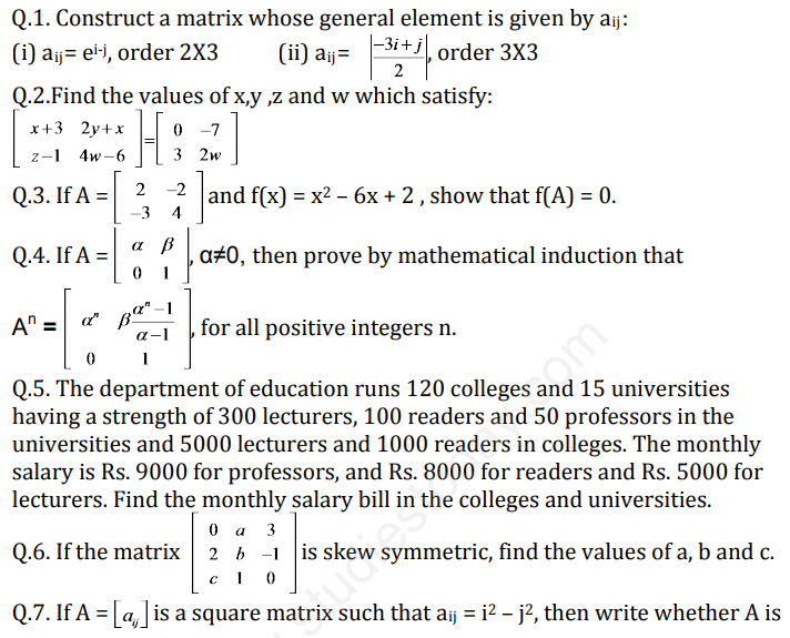 CBSE Class 12 Mathematics Matrices and Determinants Assignment Set F