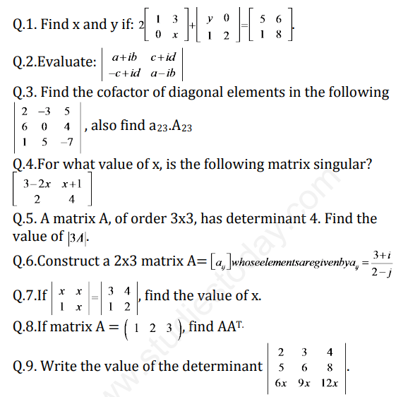 CBSE Class 12 Mathematics Matrices and Determinants Assignment Set J