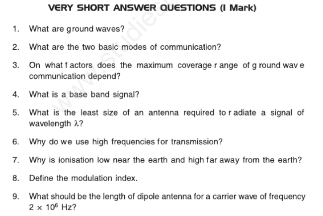 CBSE Class 12 Physics Communication Systems Assignment Set A