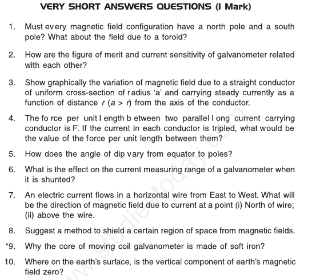 CBSE Class 12 Physics Magnetic Effect of Current and Magnetism Assignment
