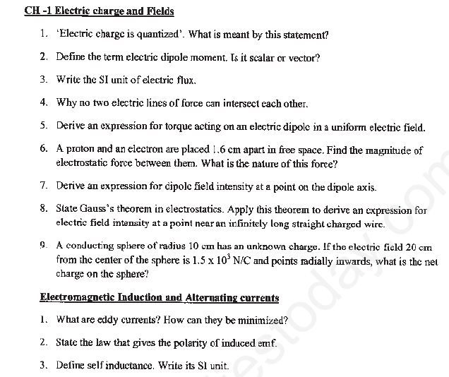 CBSE Class 12 Physics Revision Assignment Set A