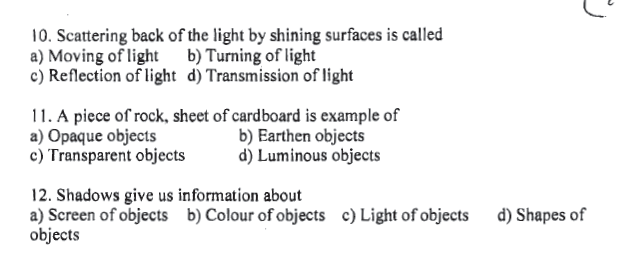 CBSE Class 6 Science Light Shadows and Reflections MCQs Set B