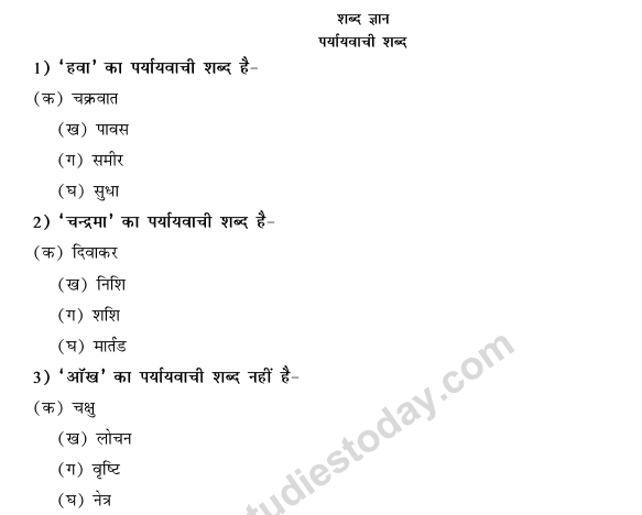 CBSE Class 9 Hindi Conventions MCQs-Paryayvachi Shabd