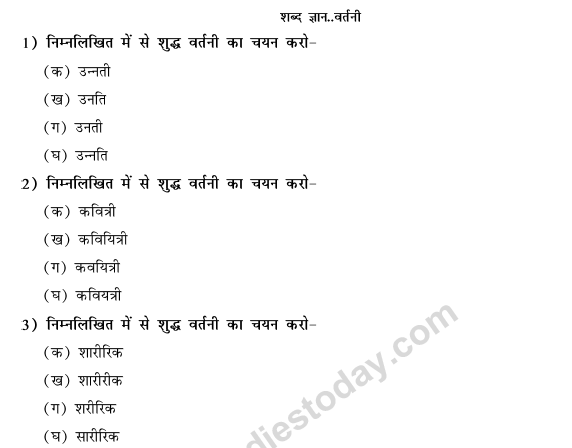 CBSE Class 9 Hindi Vyakaran Shabd Gyan Vartani MCQs