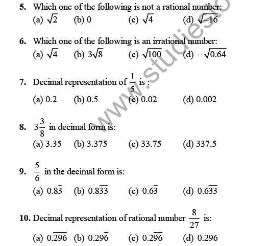 Cbse Class 9 Maths Number Systems Mcqs Set A Multiple Choice Questions For Number System