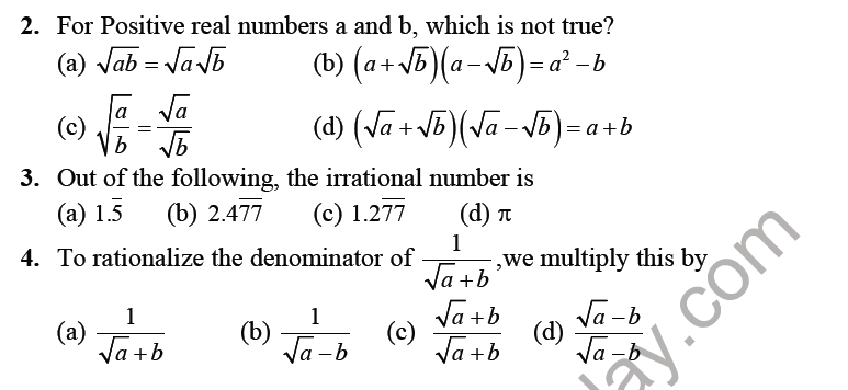 Cbse Class 9 Maths Number Systems Mcqs Set E Multiple Choice Questions For Number System